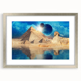 Abstract art print of an Egyptian landscape in muted earth tones, framed in silver, suitable for dining room decor.