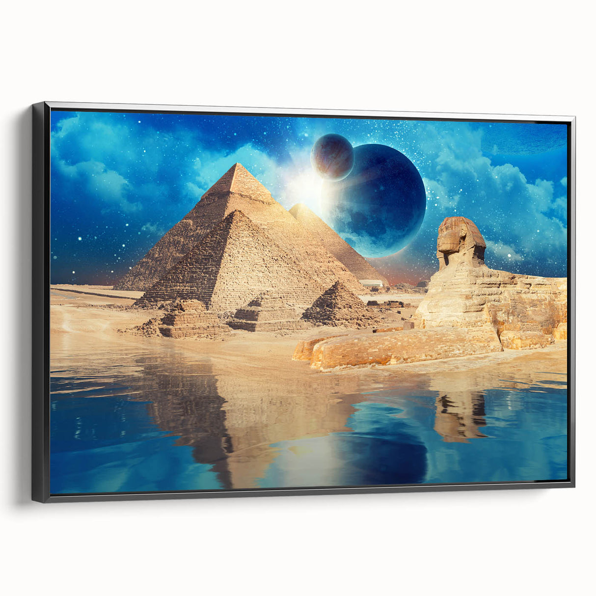 Black and white framed canvas of an Egyptian landscape, ideal for bedroom wall art.