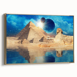 Landscape art painting of an Egyptian scene on framed canvas, featuring a black and gold color scheme.
