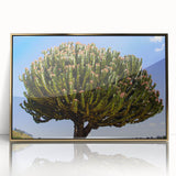 Mid-century modernist art depicting an Ethiopian landscape in muted gold and green tones, acrylic framed.