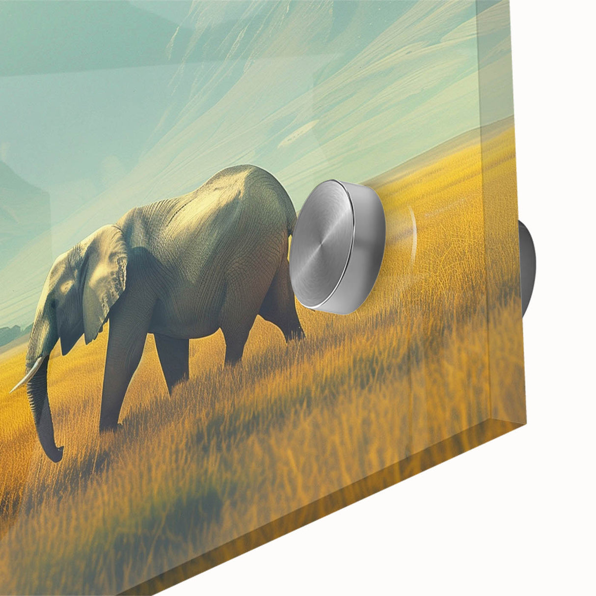 Large abstract depiction of African scenery in muted earth tones on acrylic glass, suitable for dining room art.