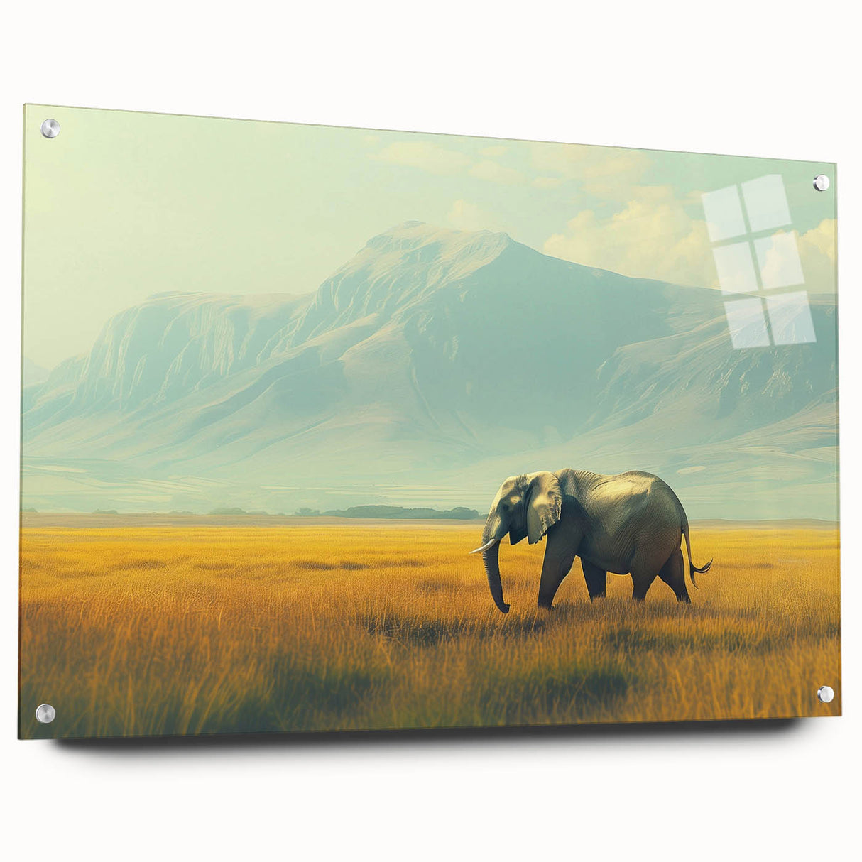 Acrylic print of a Kenyan landscape featuring earthy tones, ideal for dining room or bedroom decor.