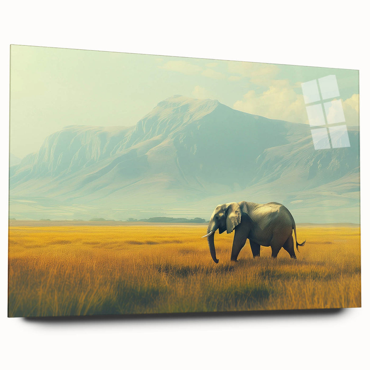 Large abstract wall art depicting a serene Kenyan landscape in muted earth tones on acrylic glass.