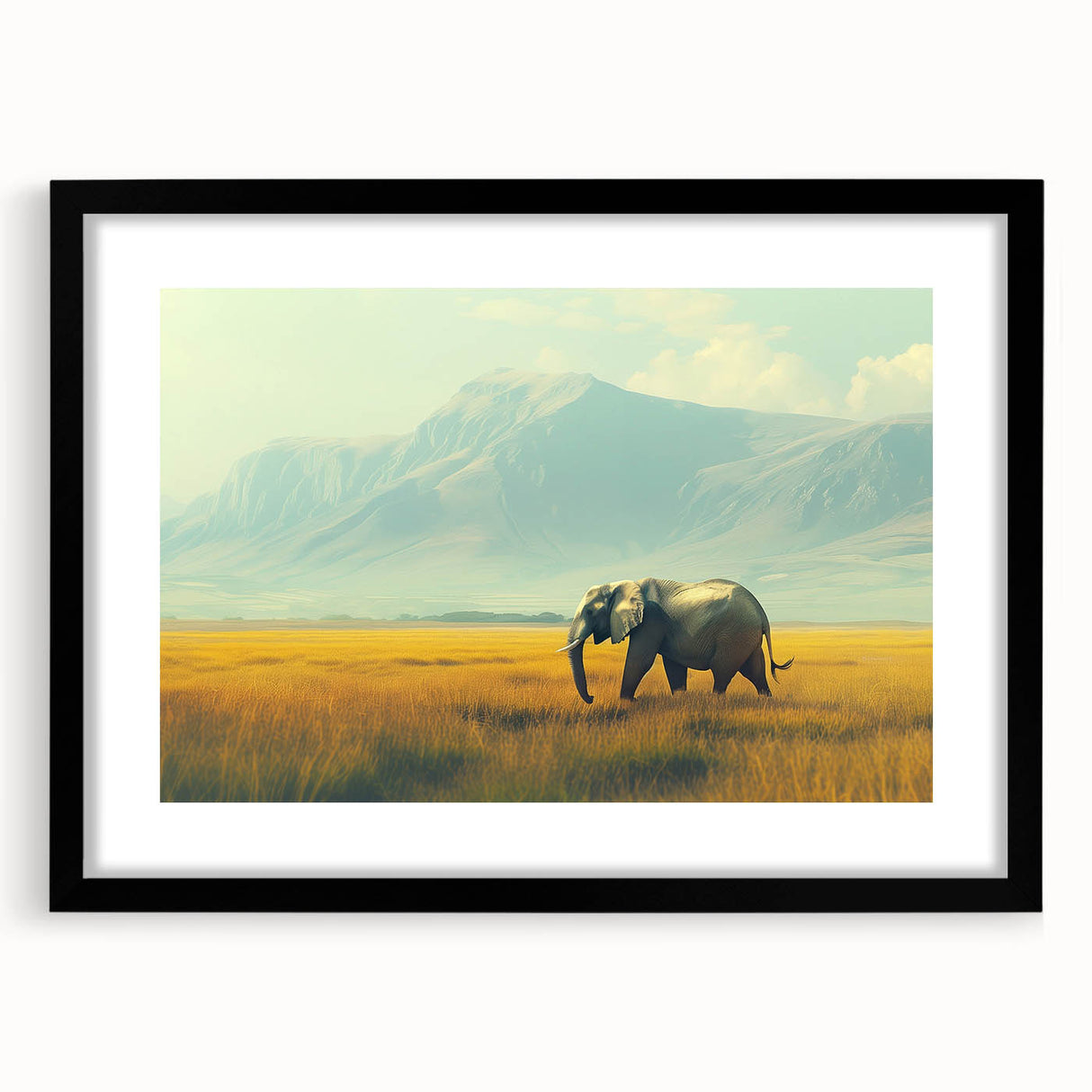 Extra large abstract art print of colorful, textured African scenery on a black framed canvas, ideal for living room decor.