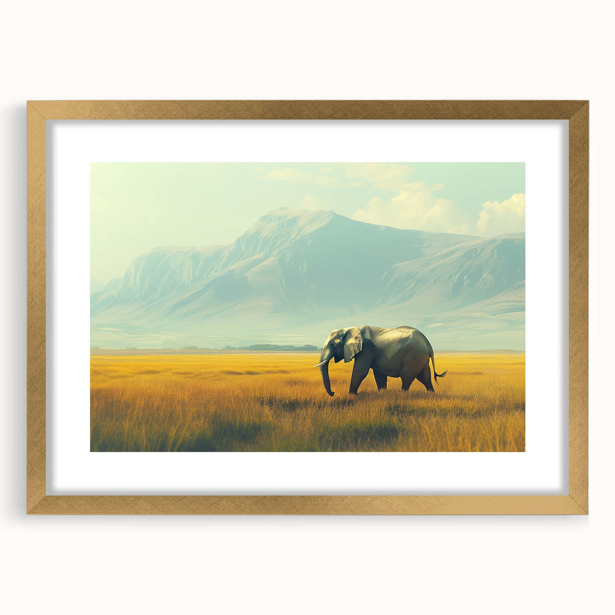 Textured art depicting abstract African scenery in earthy tones, framed with a gold mat, suitable for bedroom decor.