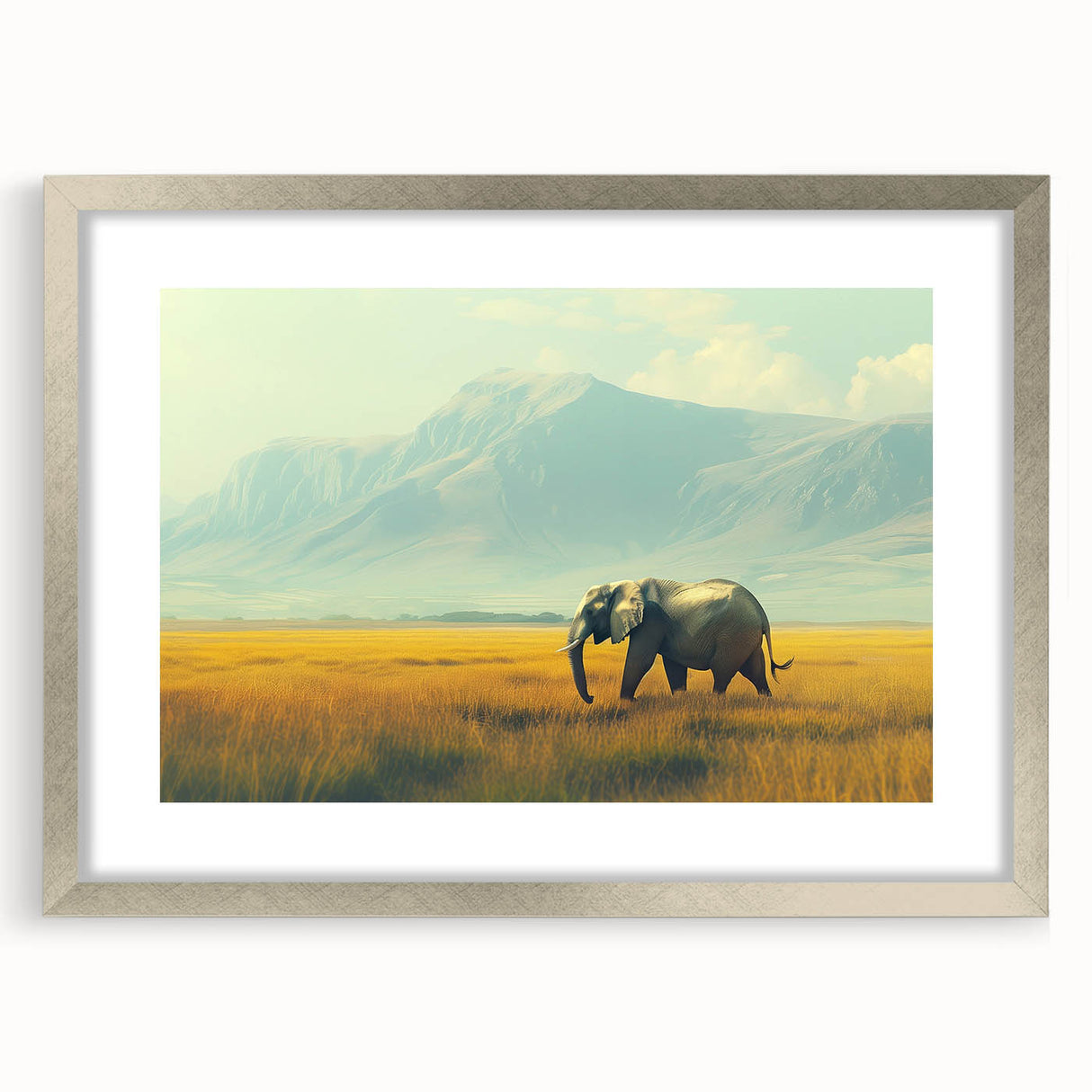 Abstract art print depicting a serene Kenyan landscape in muted earth tones, framed in silver.