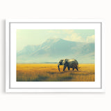 Extra large abstract art print featuring textured scenery of Kenya, in muted earth tones on a framed canvas.
