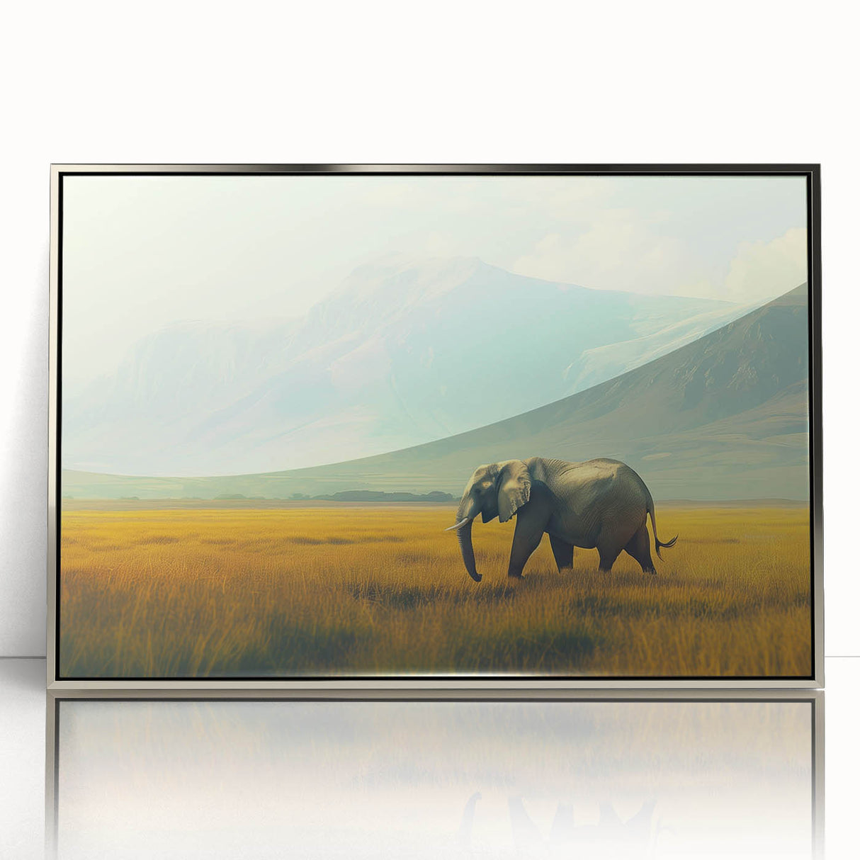 Acrylic print of a Kenyan landscape in silver frame, featuring earth tones, ideal for modern art wall decor.