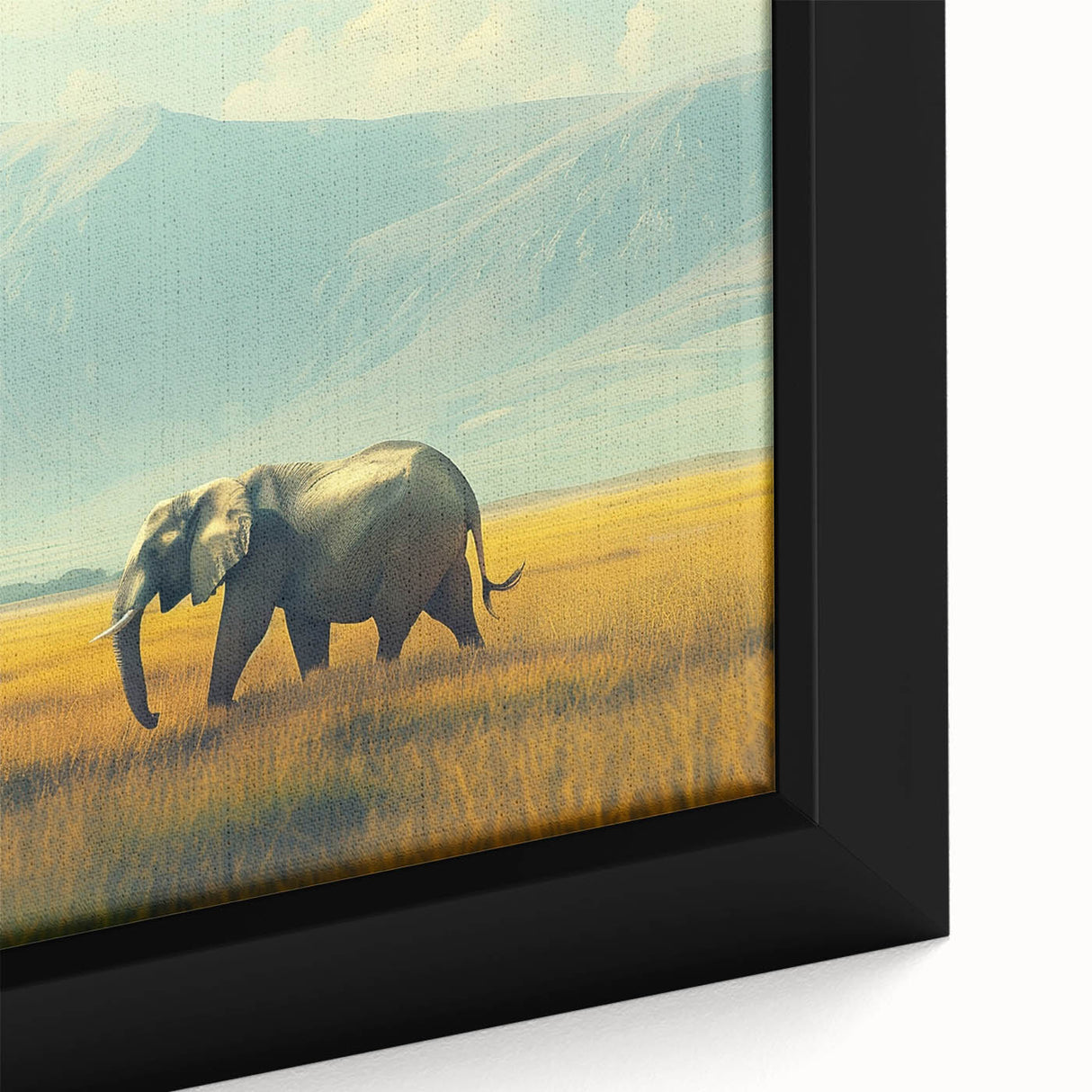Textured black wall art featuring a vibrant African landscape on a framed canvas, ideal for living room decor.