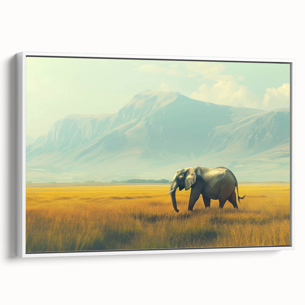 Framed canvas depicting a serene Kenyan landscape in muted earth tones, ideal for bedroom wall art.