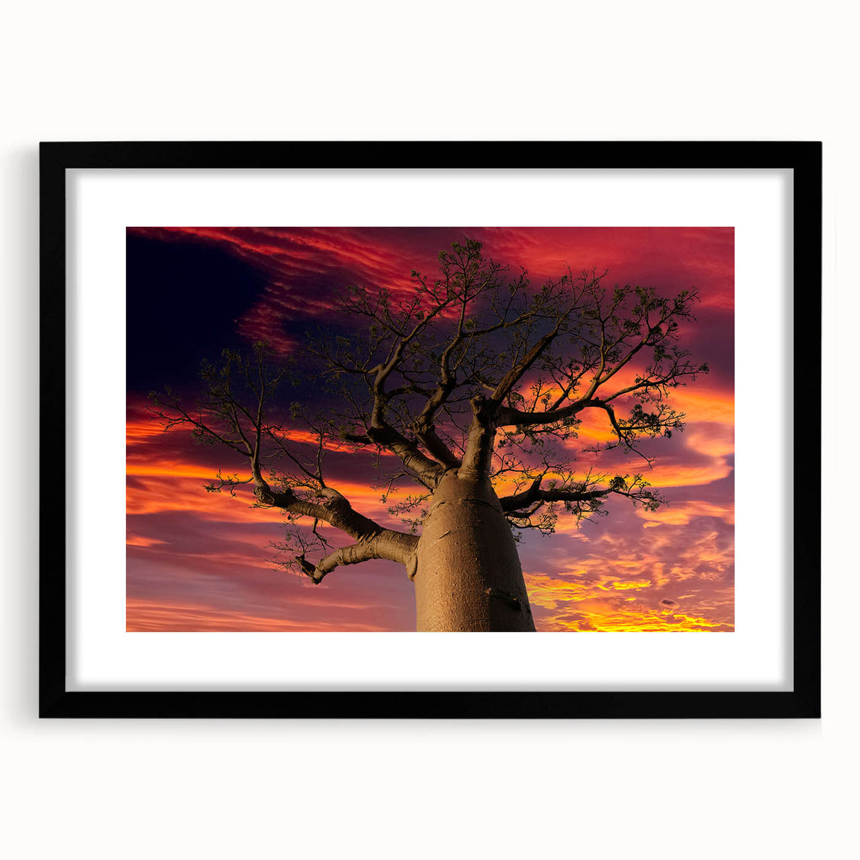 Extra large abstract art print of a colorful Madagascar scenery on textured canvas, framed in black.