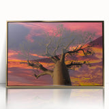 Mid-century modernist art of Madagascar scenery in gold acrylic frame, with muted earth tones, ideal for nursery wall art.