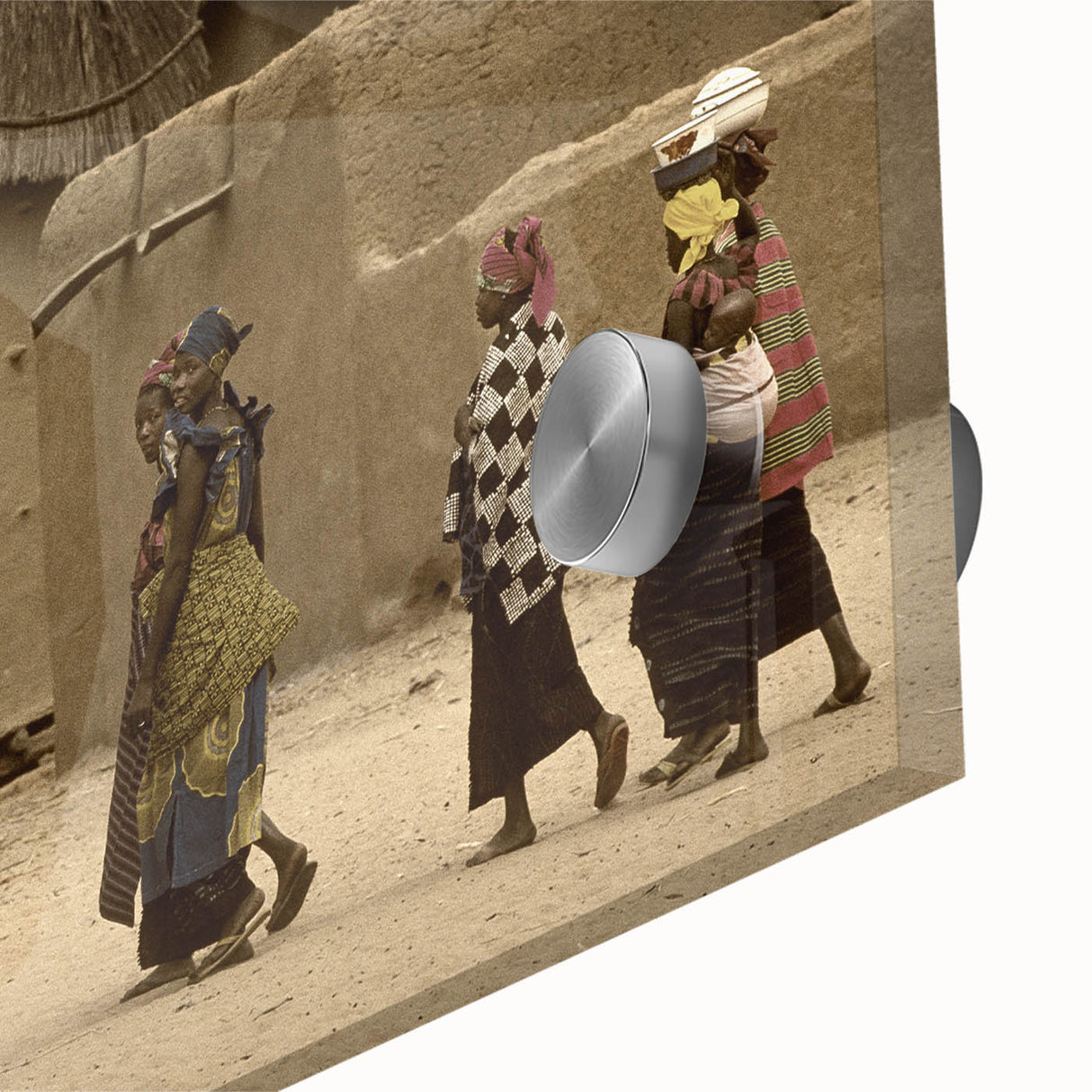 Large abstract wall art depicting a Mali scenery in mid-century modernist style on acrylic glass, ideal for dining room art.