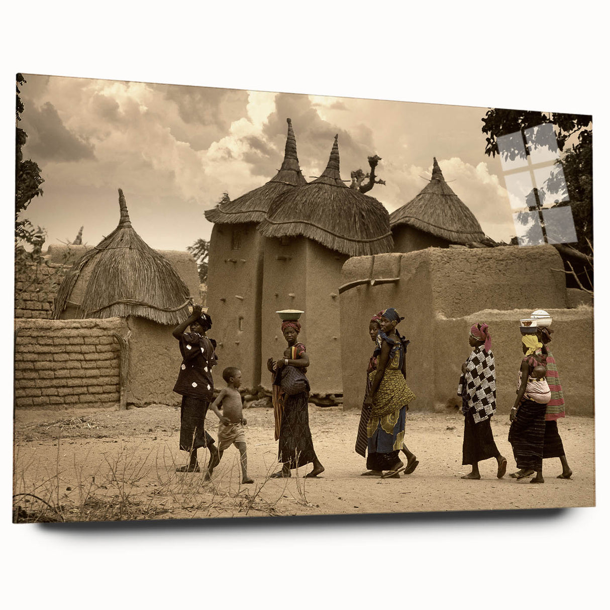 Large abstract wall art depicting an African Mali scenery in muted earth tones on acrylic glass.