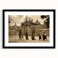Extra large abstract art print of a Mali scenery in vibrant colors on a textured canvas, framed in black.