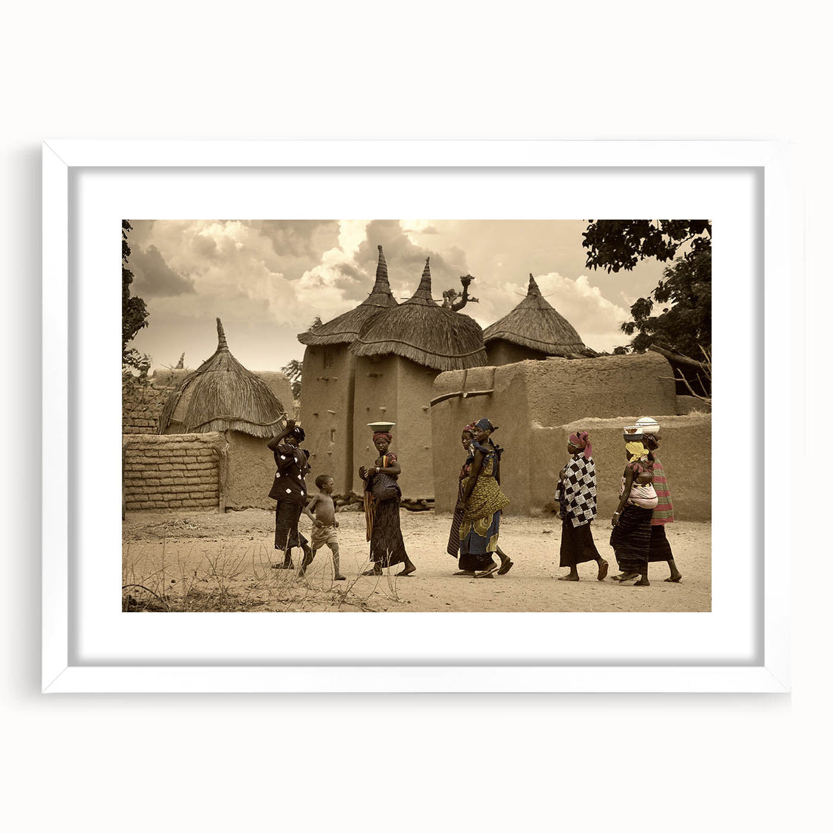 Extra large abstract art print of Mali scenery in textured style, using earth tones on a white framed canvas.