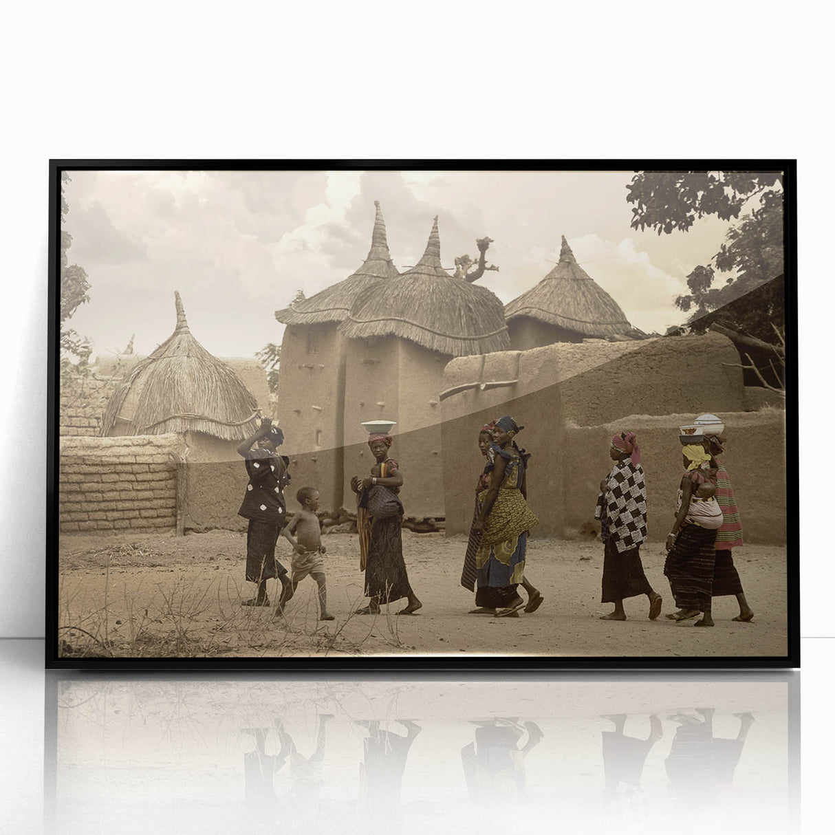 Large abstract wall art of an African scenery in Mali, featuring muted earth tones on a framed acrylic.