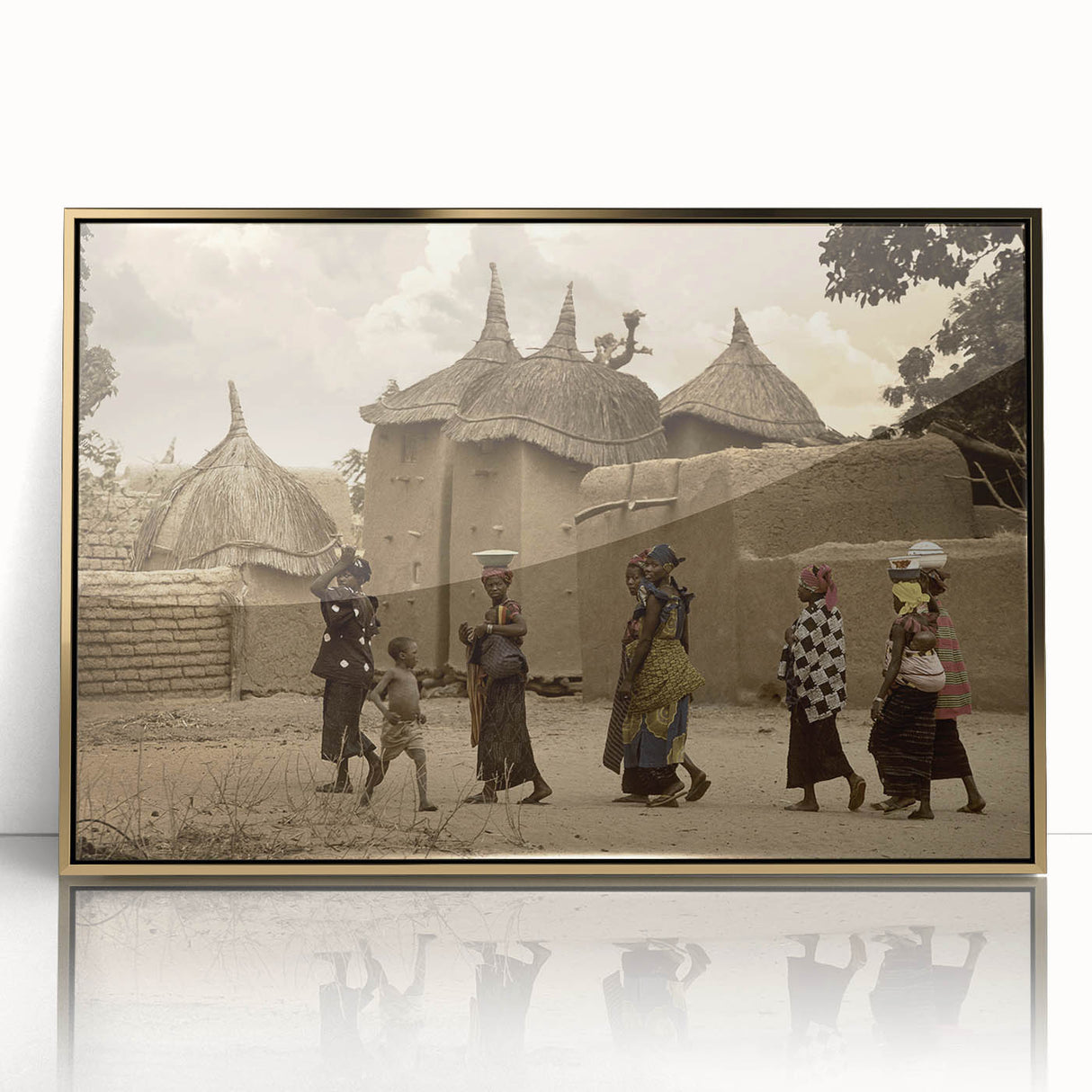 Mid-century modernist art depicting a Mali landscape in muted earth tones on a framed acrylic.