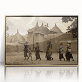 Mid-century modernist art depicting a Mali landscape in muted earth tones on a framed acrylic.