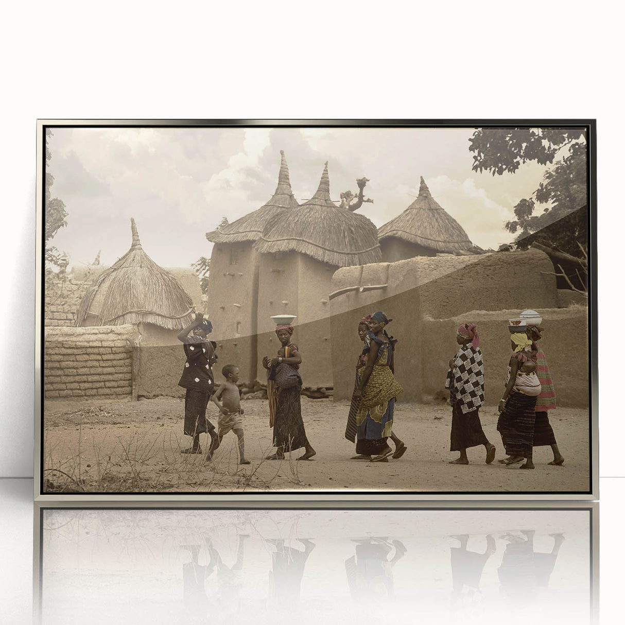 Art deco poster of Mali scenery in silver acrylic frame, with muted earth tones, ideal for modern art wall decor.