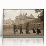 Art deco poster of Mali scenery in silver acrylic frame, with muted earth tones, ideal for modern art wall decor.