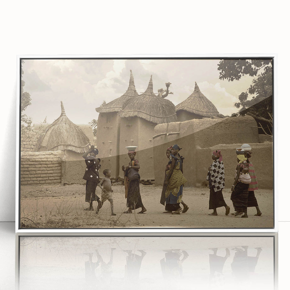 Large art print of a Mali scenery in mid-century modernist style, framed in white acrylic, ideal for nursery wall decor.