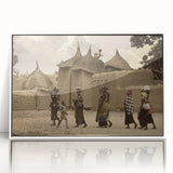 Large art print of a Mali scenery in mid-century modernist style, framed in white acrylic, ideal for nursery wall decor.