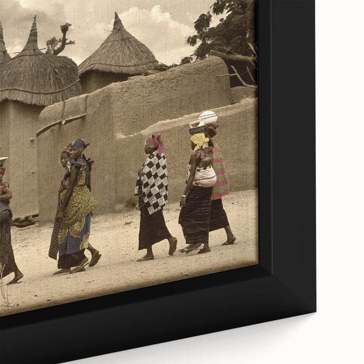 Extra large framed canvas featuring a textured depiction of a Mali landscape in black with colorful accents.