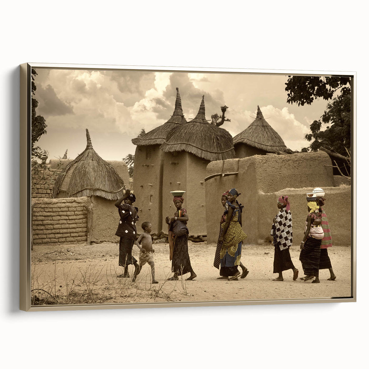 Landscape art painting of a Mali scenery on framed canvas, featuring a vintage poster style with a palette of gold and black.
