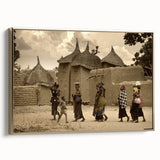 Landscape art painting of a Mali scenery on framed canvas, featuring a vintage poster style with a palette of gold and black.