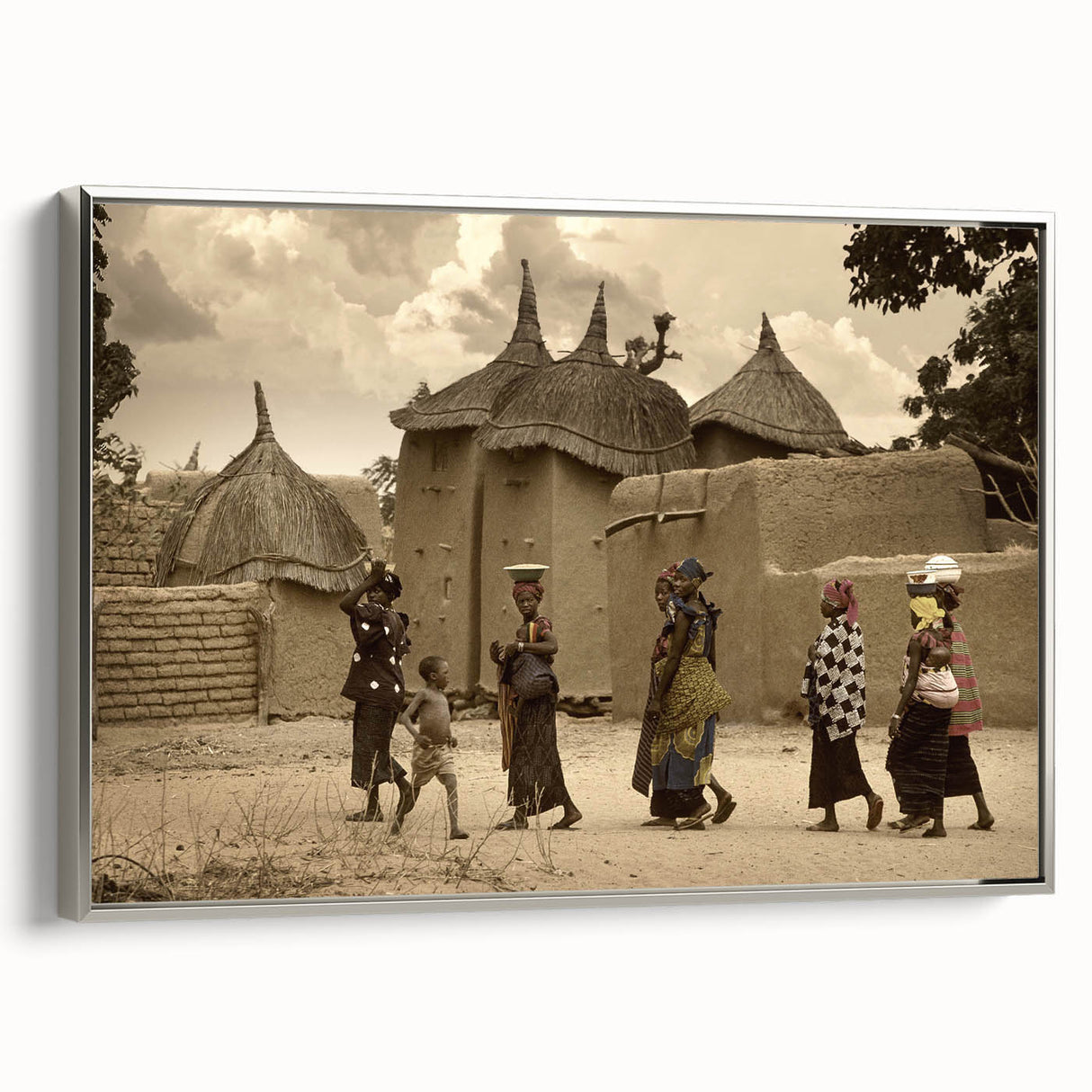 Vintage poster art of a Mali scenery on framed canvas, featuring colorful art with black accents.