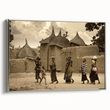 Vintage poster art of a Mali scenery on framed canvas, featuring colorful art with black accents.