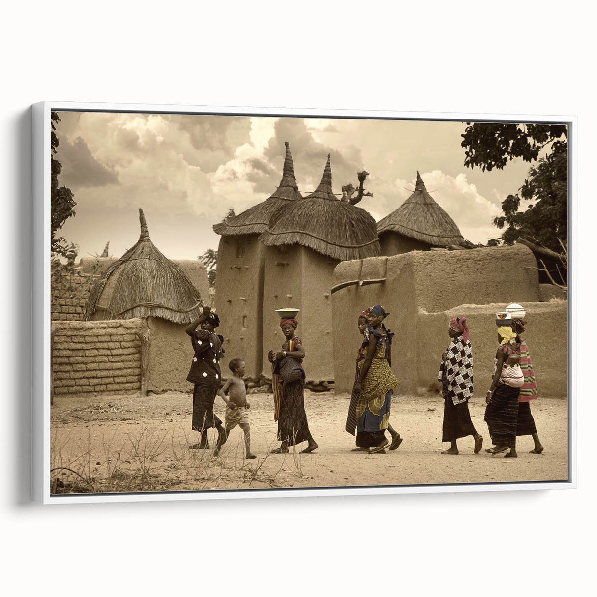 Framed canvas wall art featuring a vintage-style Mali landscape in muted earth tones, ideal for bedroom decor.