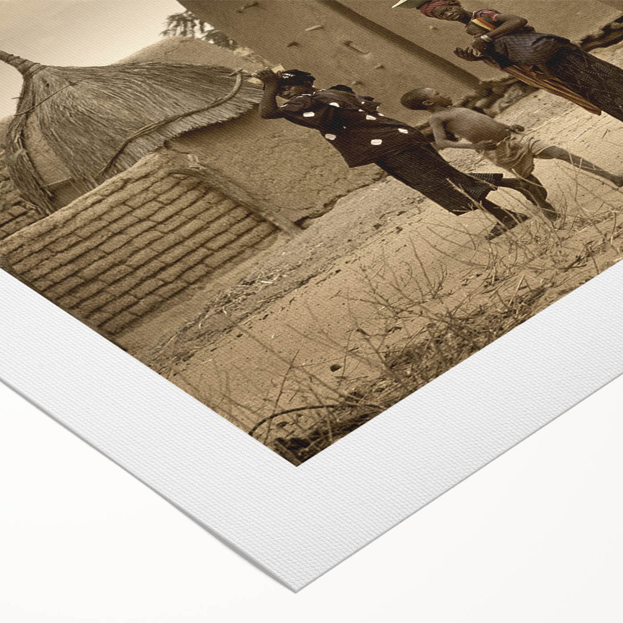 Art deco poster of a Mali landscape in earthy tones on rolled canvas, suited for dining room decor.
