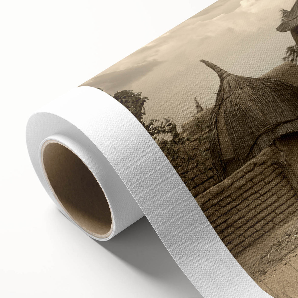 Art deco poster of African scenery in muted earth tones on rolled canvas, ideal for nursery wall art.