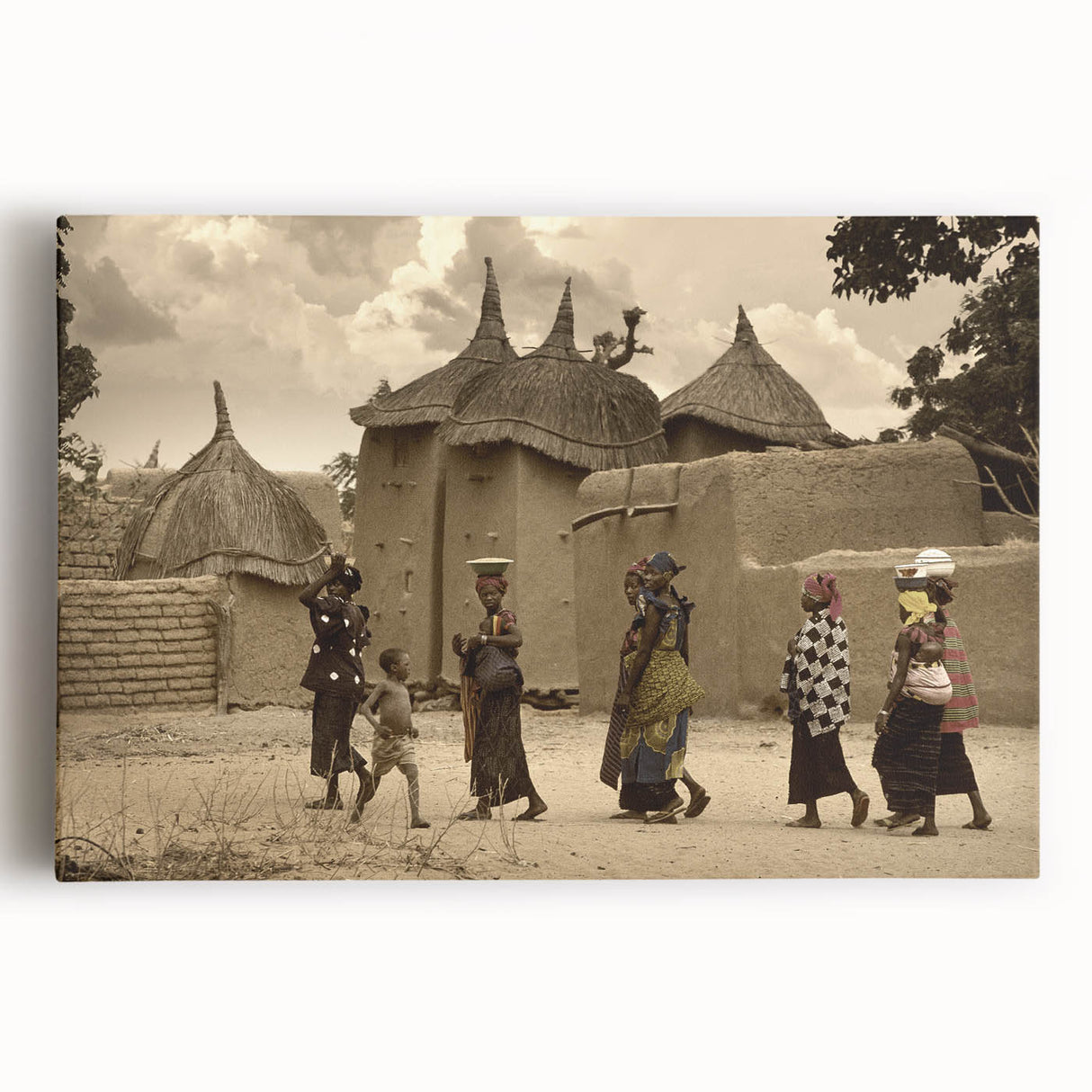 Large black and white stretched canvas of African Mali scenery, ideal for kitchen wall art.