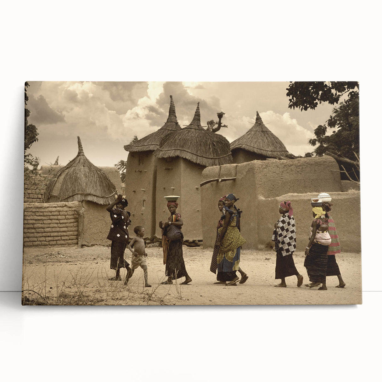 Large black and white stretched canvas featuring a Mali scenery, ideal for kitchen wall art or bedroom decor.