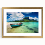 Textured abstract art print of a Mauritius scenery in gold frame with mat, featuring earthy tones; suitable for bedroom art.