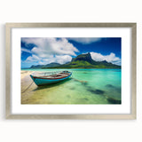 Abstract art print of a Mauritian landscape in muted earth tones on a framed canvas, suitable for dining room decor.