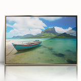 Mid-century modernist art depicting a serene Mauritius landscape in soft pastel shades, framed in gold acrylic.
