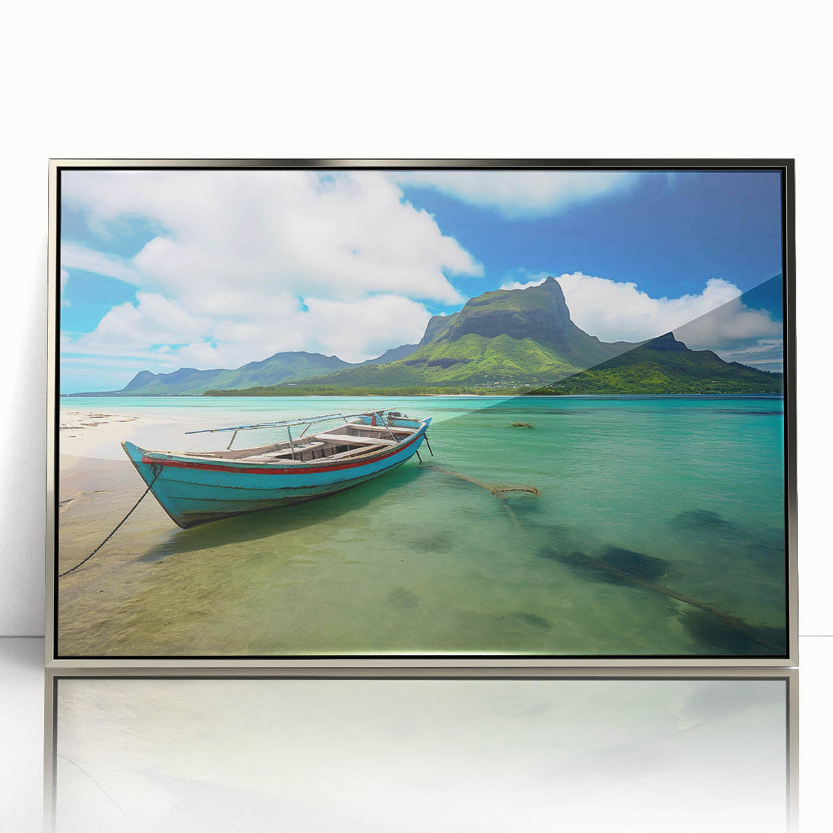 Art deco poster of a Mauritian landscape in muted earth tones on a framed acrylic, ideal for modern art wall decor.