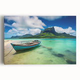 Black and white stretched canvas featuring a serene Mauritius landscape, ideal for kitchen wall art.