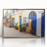 Mid-century modernist art depicting a Moroccan landscape in earth tones on a framed acrylic, ideal for modern art wall decor.