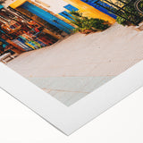 Art deco poster of a Moroccan landscape in muted earth tones on rolled canvas, suitable for dining room decor.