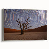 Vintage poster art of a Namibian landscape on a framed canvas, featuring vibrant earth tones, ideal for living room decor.