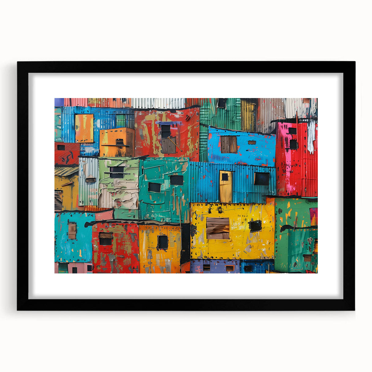 Extra large abstract art print of a colorful African landscape, textured design on framed black mat.