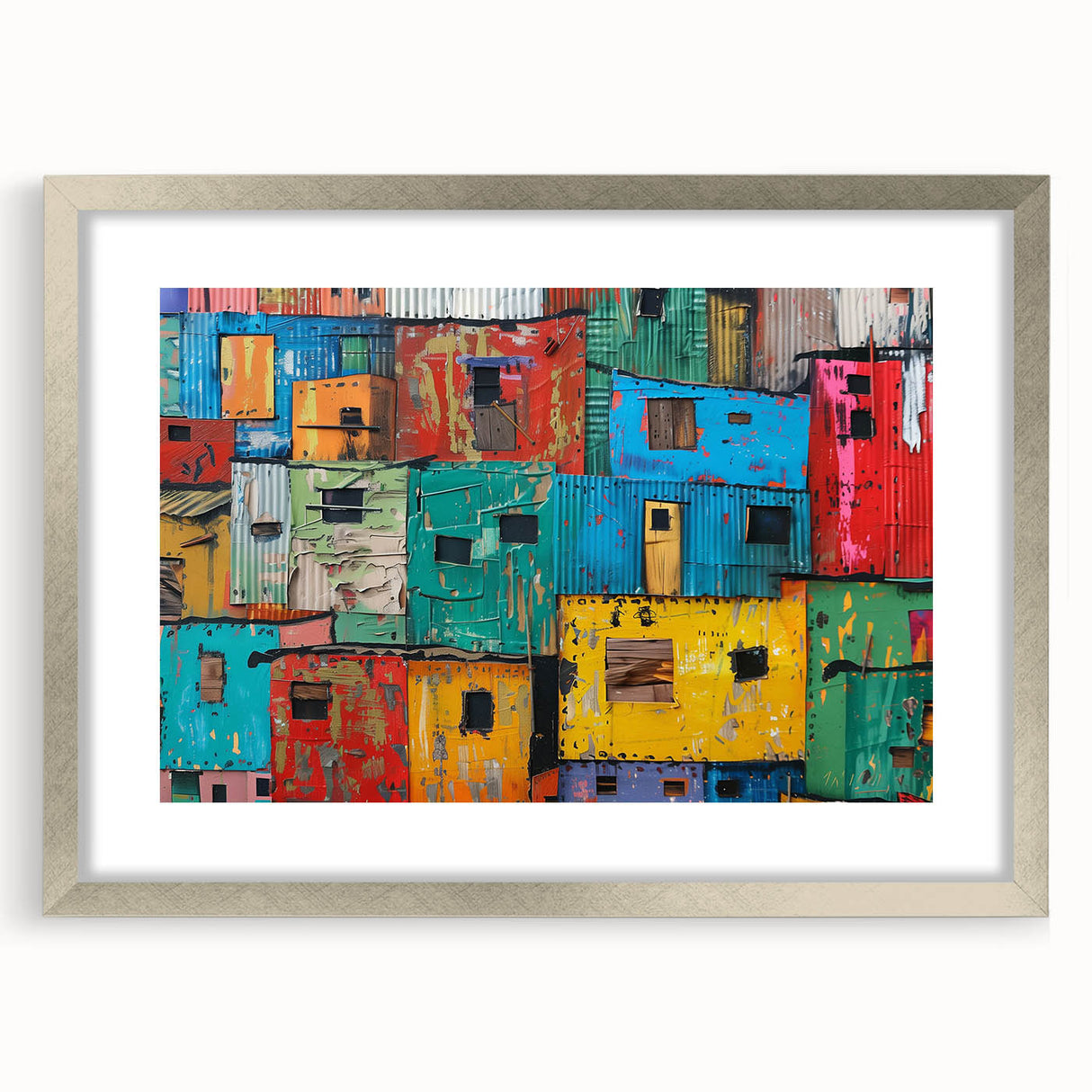 Extra large abstract art print depicting textured African scenery in earth tones, framed in silver.