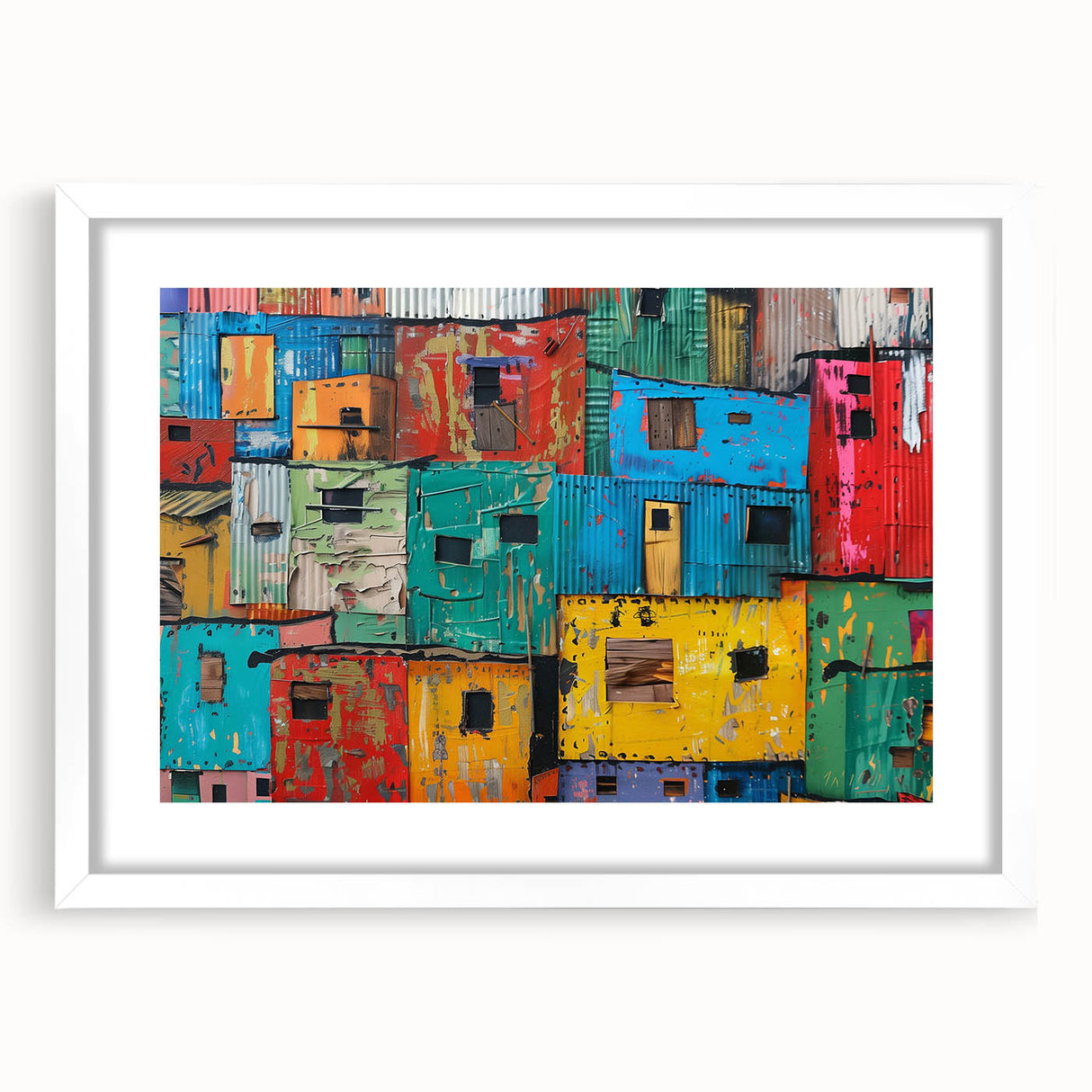 Textured abstract art print depicting a South African landscape in earthy tones, framed with a white mat.