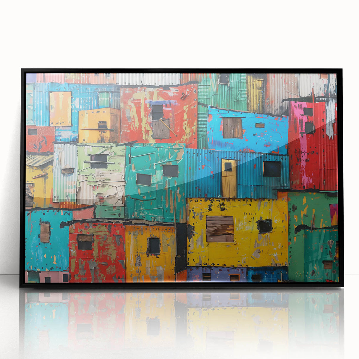 Large abstract wall art depicting an African scenery in black and white tones on framed acrylic.