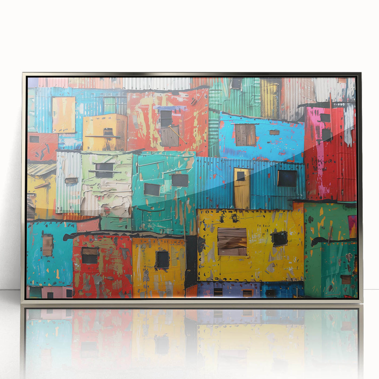 Mid-century modernist style acrylic print of an abstract African landscape in earth tones, ideal for modern art wall decor.